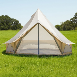 Classic Bell Tent for luxury camping and glamping, featuring spacious interior, steel frames, and Oxford polyester fabric with water and UV repellent treatment