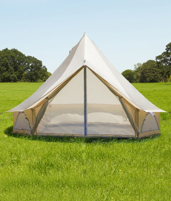 Classic Bell Tent for luxury camping and glamping, featuring spacious interior, steel frames, and Oxford polyester fabric with water and UV repellent treatment
